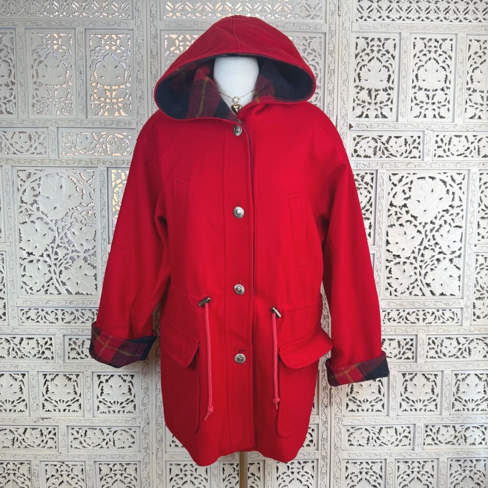 Vintage Fofeld Red Wool‎ Plaid Drawstring Hooded Coat Womens XL-2X Retro Indie